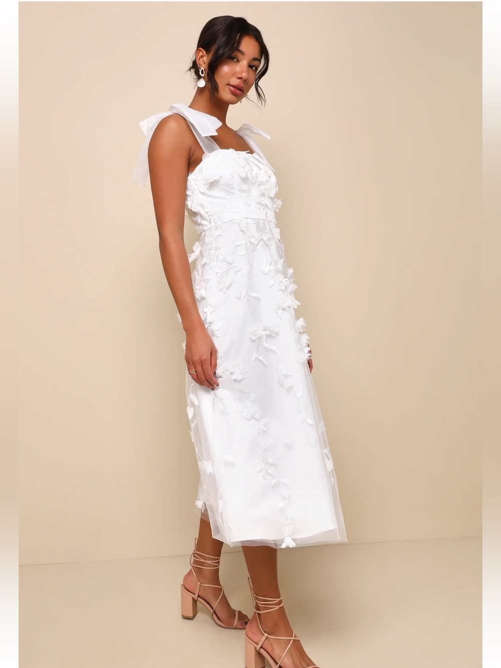 NWOT Lulus Effortlessly Sweet White Tulle 3D Floral Tie-Strap Midi Dress - Picture 4 of 6